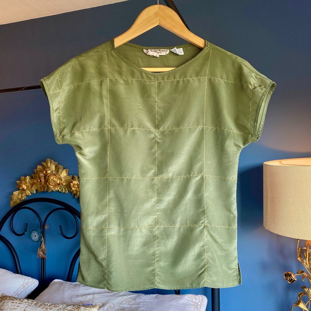 Vintage Serge Nancel Paris Airy Army Green w Gold Stitching Tshirt